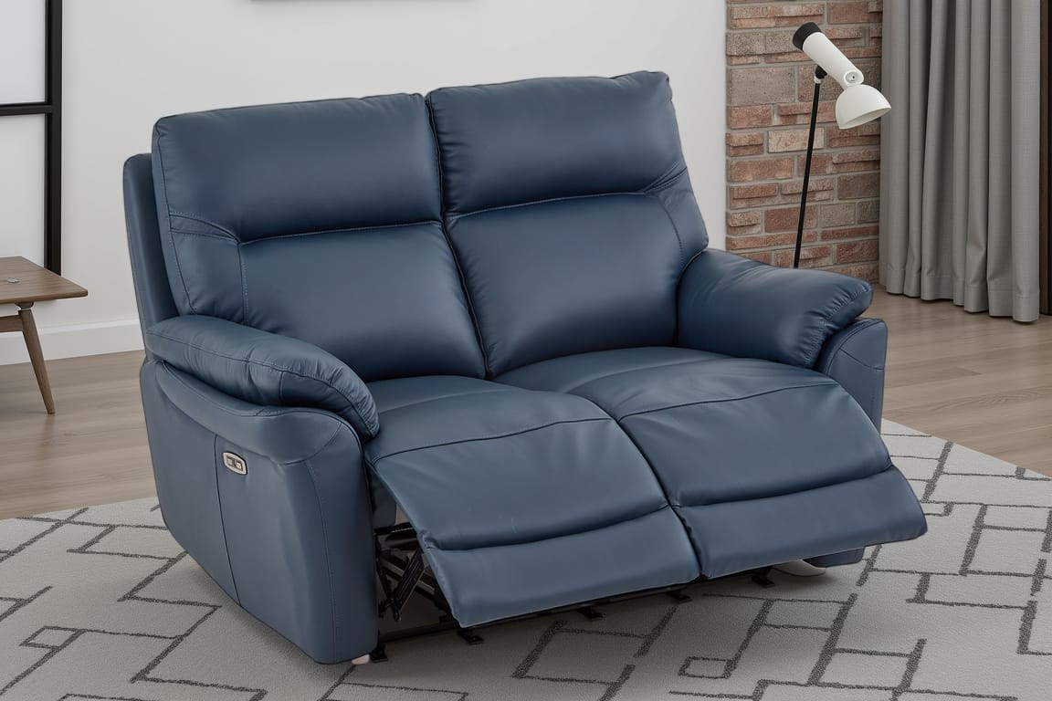 Navy Blue Leather Electric 2 Seater Recliner Sofa CINECITTA