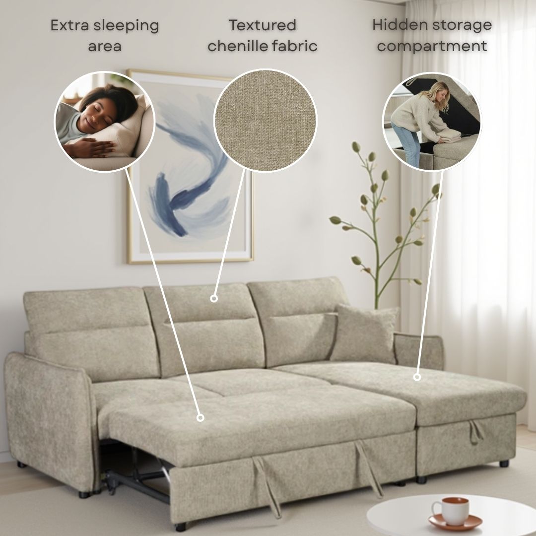 Grey Chenille Fabric 2C1 Corner Sofabed with Storage ARCHIE