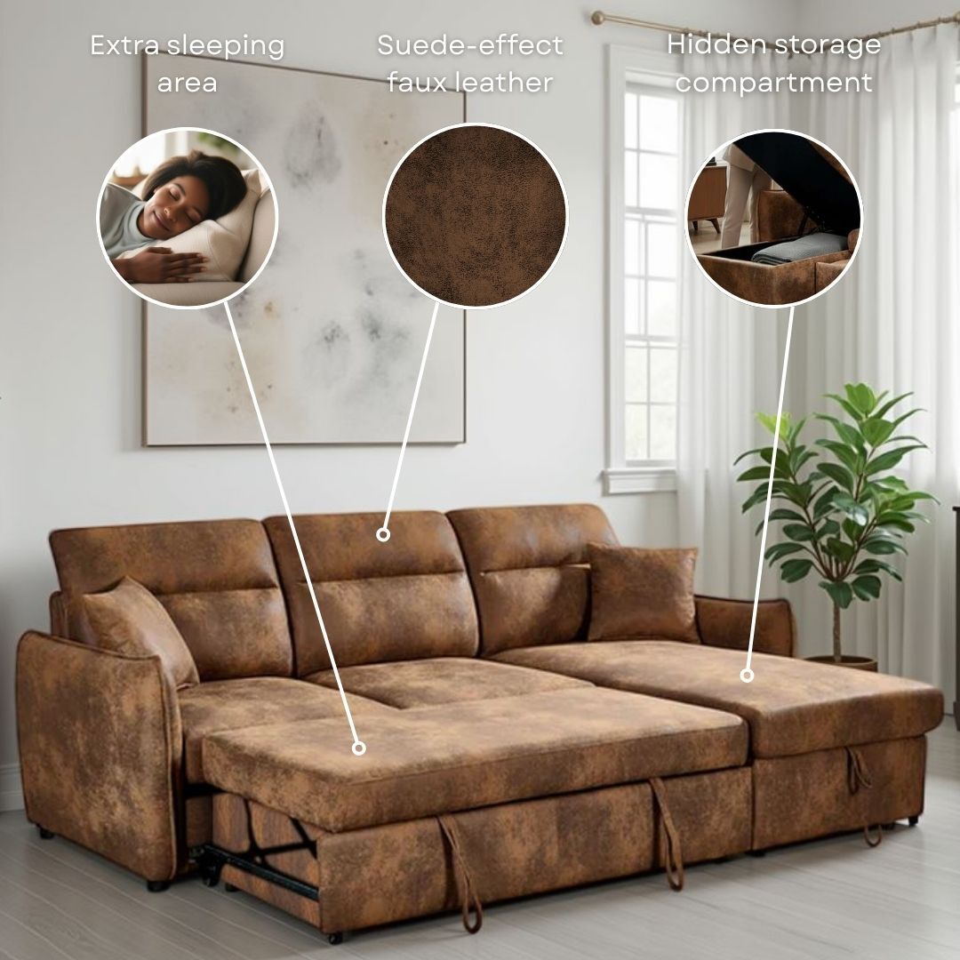 Faux Leather Suede Brown 2C1 Corner Sofabed with Storage ARCHIE