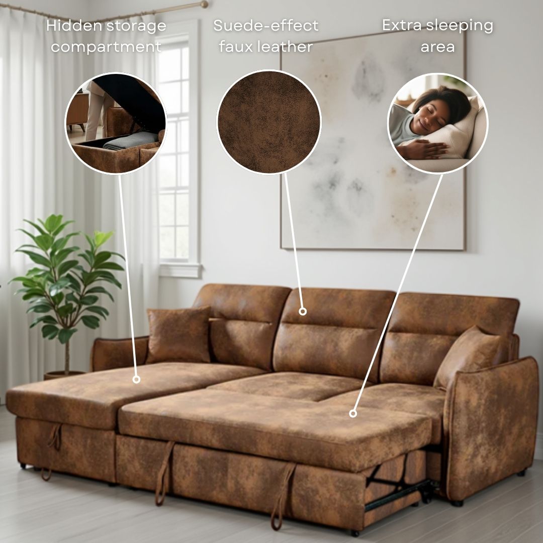 Faux Leather Suede Brown 1C2 Corner Sofabed with Storage ARCHIE