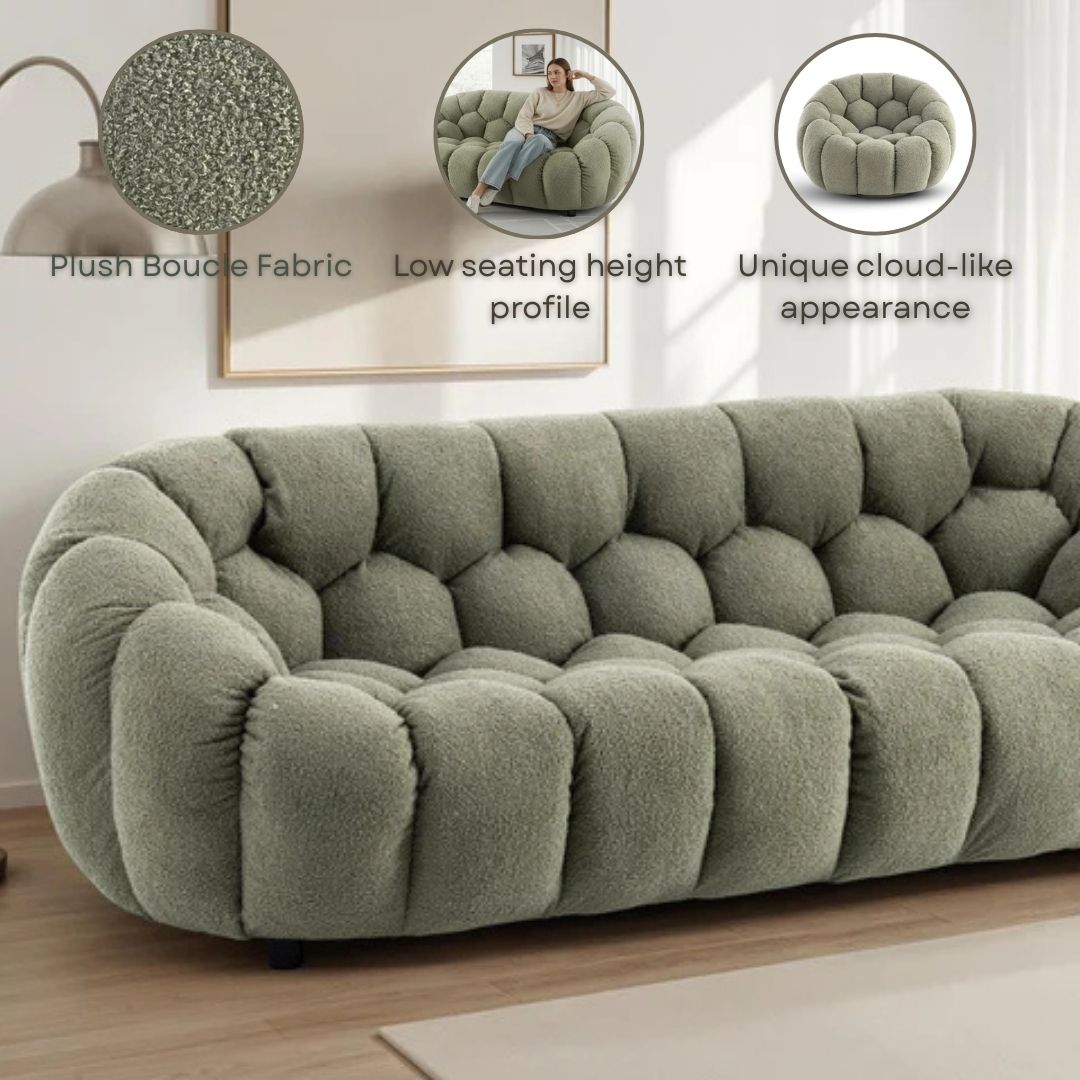 Teddy Boucle Fabric Sage Green 2 + 1 Seater Sofa Set ATRANI