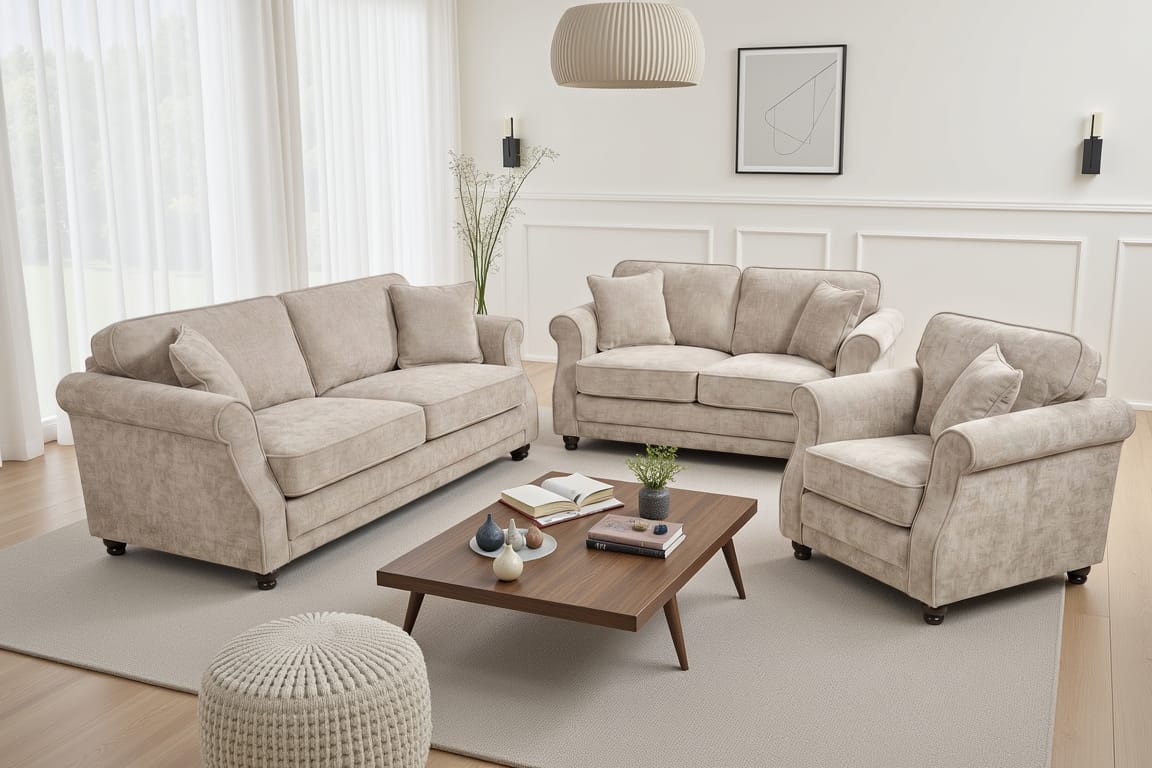 Beige Chenille 3 + 2 + 1 Seater Sofa Set HUGO