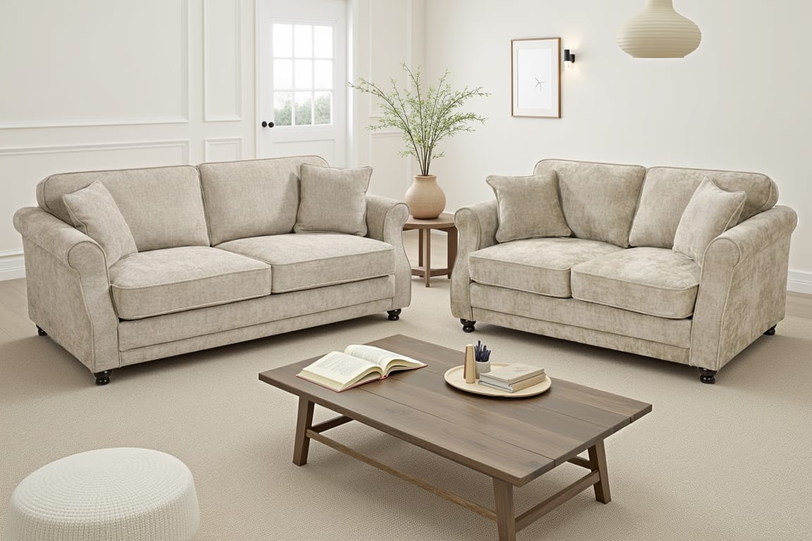 Beige Chenille 3 + 2 Seater Sofa Set HUGO