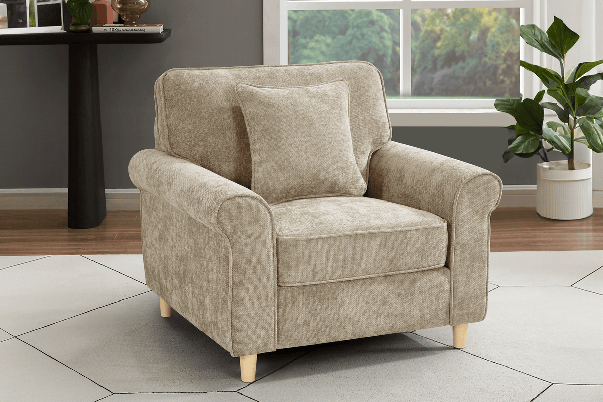 Beige chenille one seater sofa in a living room