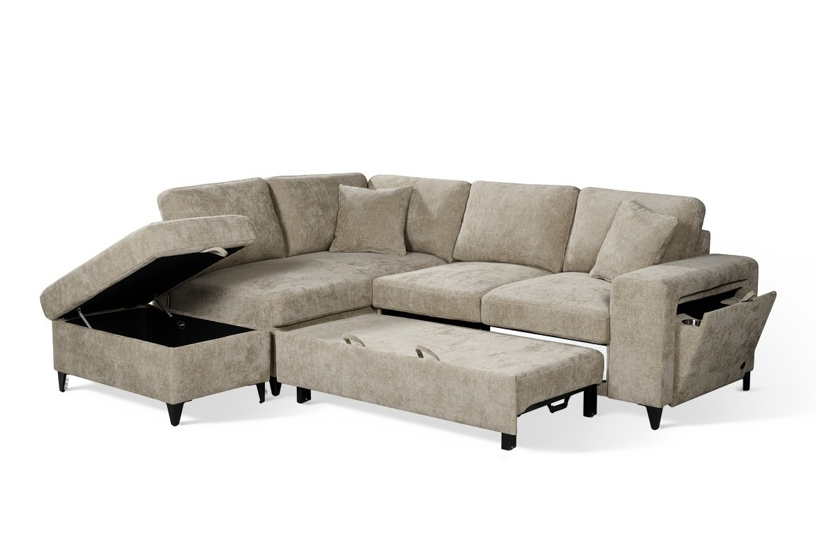 Beige Chenille Fabric 1C2 Corner Sofabed with Storage JAMIE
