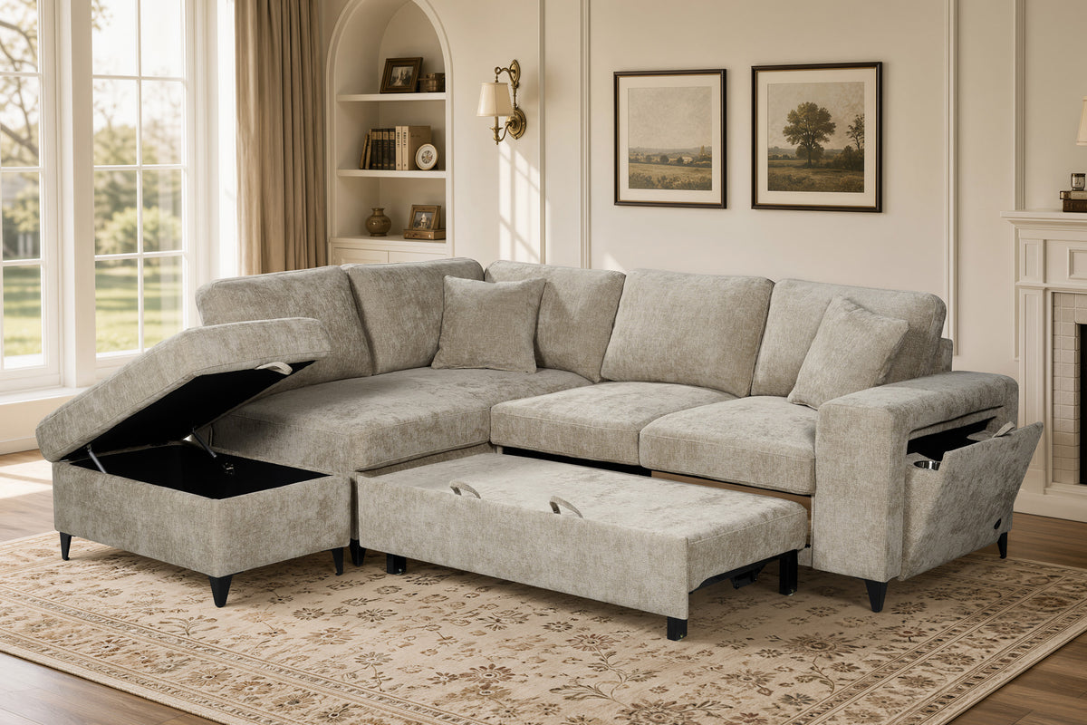 Beige Chenille Fabric 1C2 Corner Sofabed with Storage JAMIE