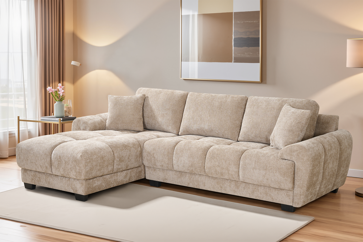 Beige Chenille Fabric 1C2 Corner Sofa with Chaise JACK