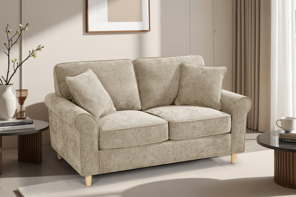 beige chenille fabric 2 seater sofa with accent cushions in a living room