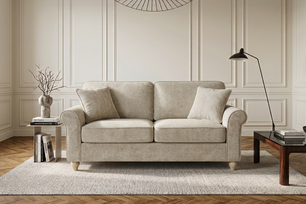 Beige Chenille Fabric 2 Seater Sofa with Round Legs FREDDIE