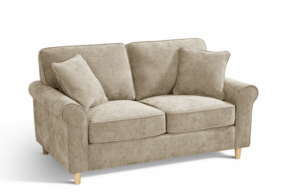 beige chenille fabric 2 seater sofa with accent cushions on a white background