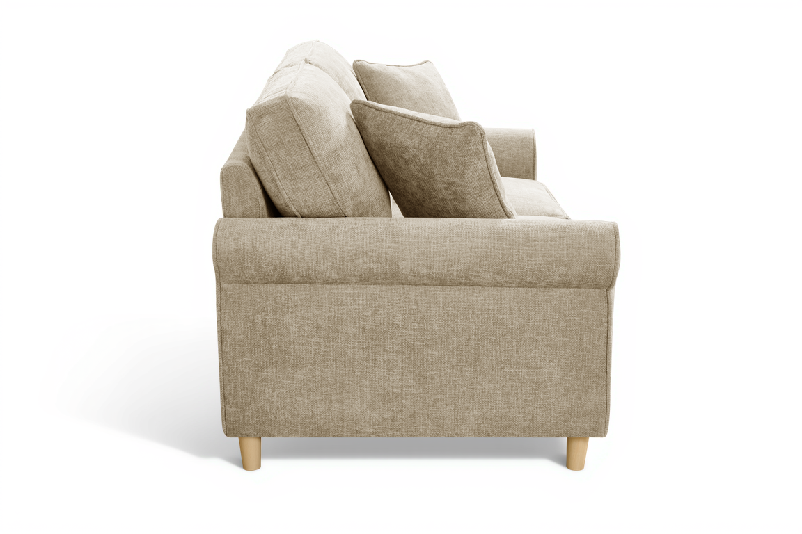 beige chenille fabric 2 seater sofa with accent cushions on a white background