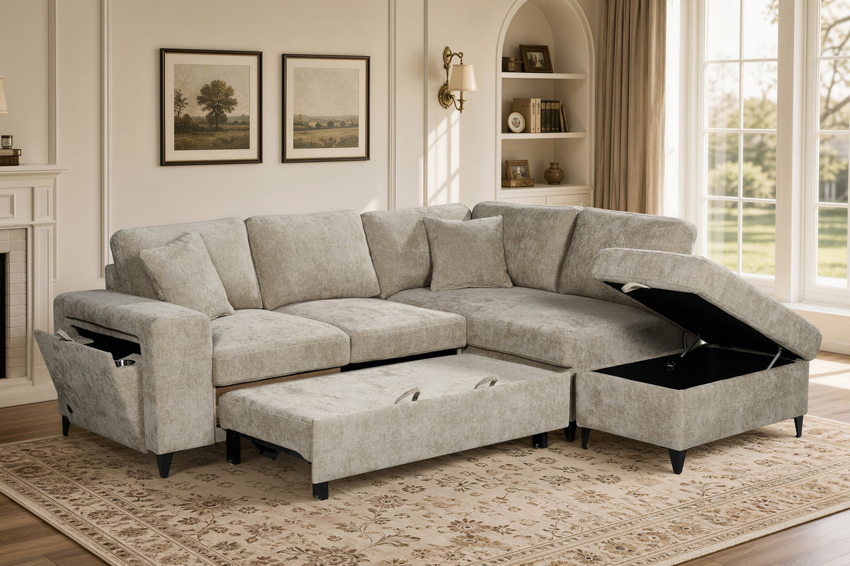Beige Chenille Fabric 2C1 Corner Sofabed with Storage JAMIE