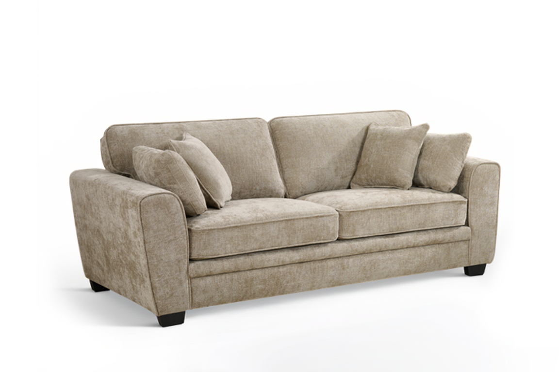 beige 3 seater sofa with extra comfortable soft filling and four accent cushions with fixed back upholstered in beige chenille