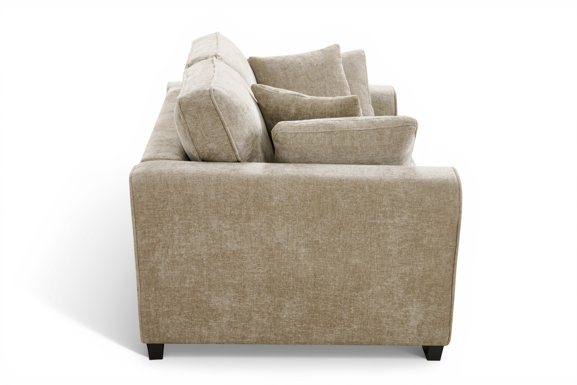 beige 3 seater sofa with extra comfortable soft filling and four accent cushions with fixed back upholstered in beige chenille
