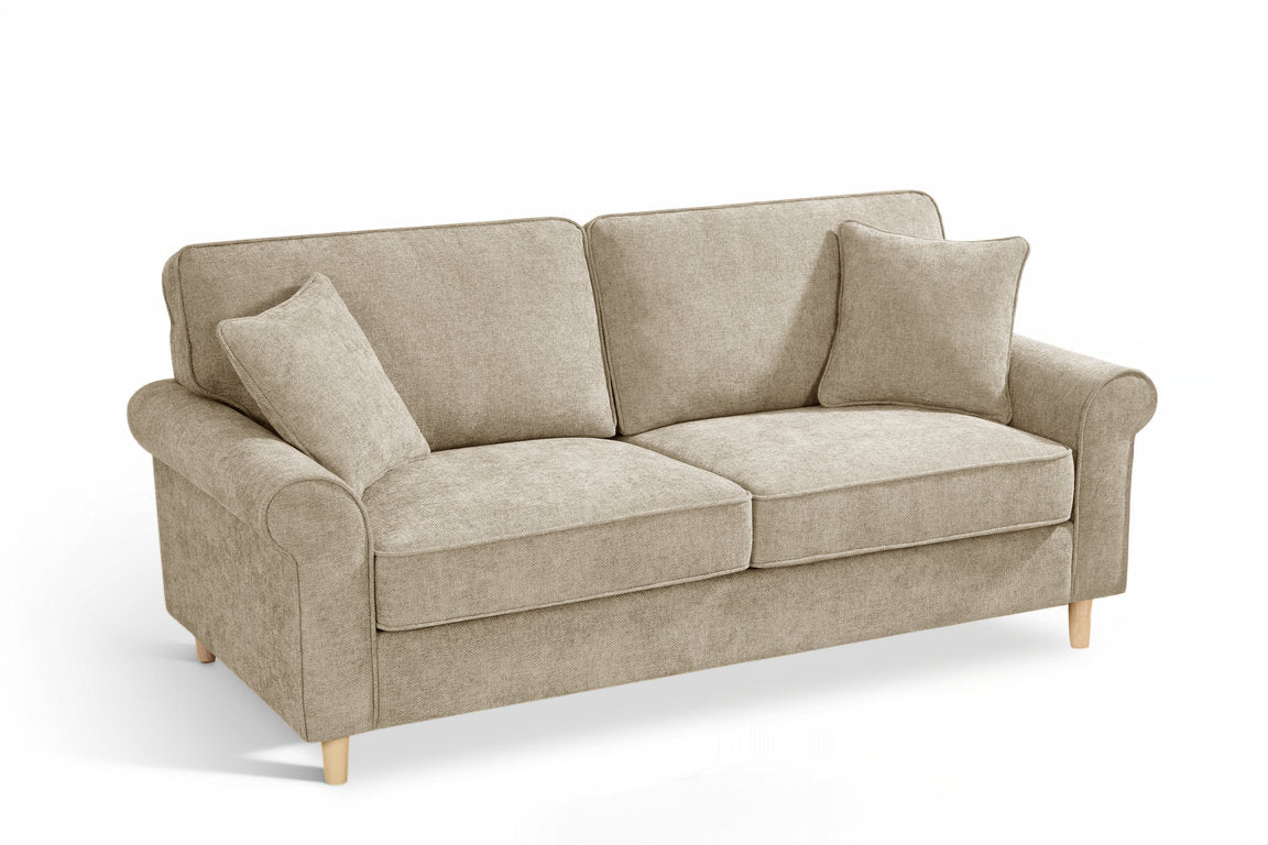 Beige Chenille Fabric 3 Seater Sofa with accent cushions on a white background
