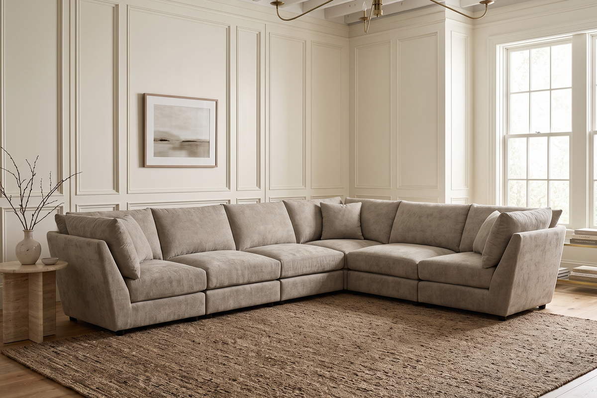 Beige Chenille Fabric 6 Seater Modular Corner Sofa MADDIE