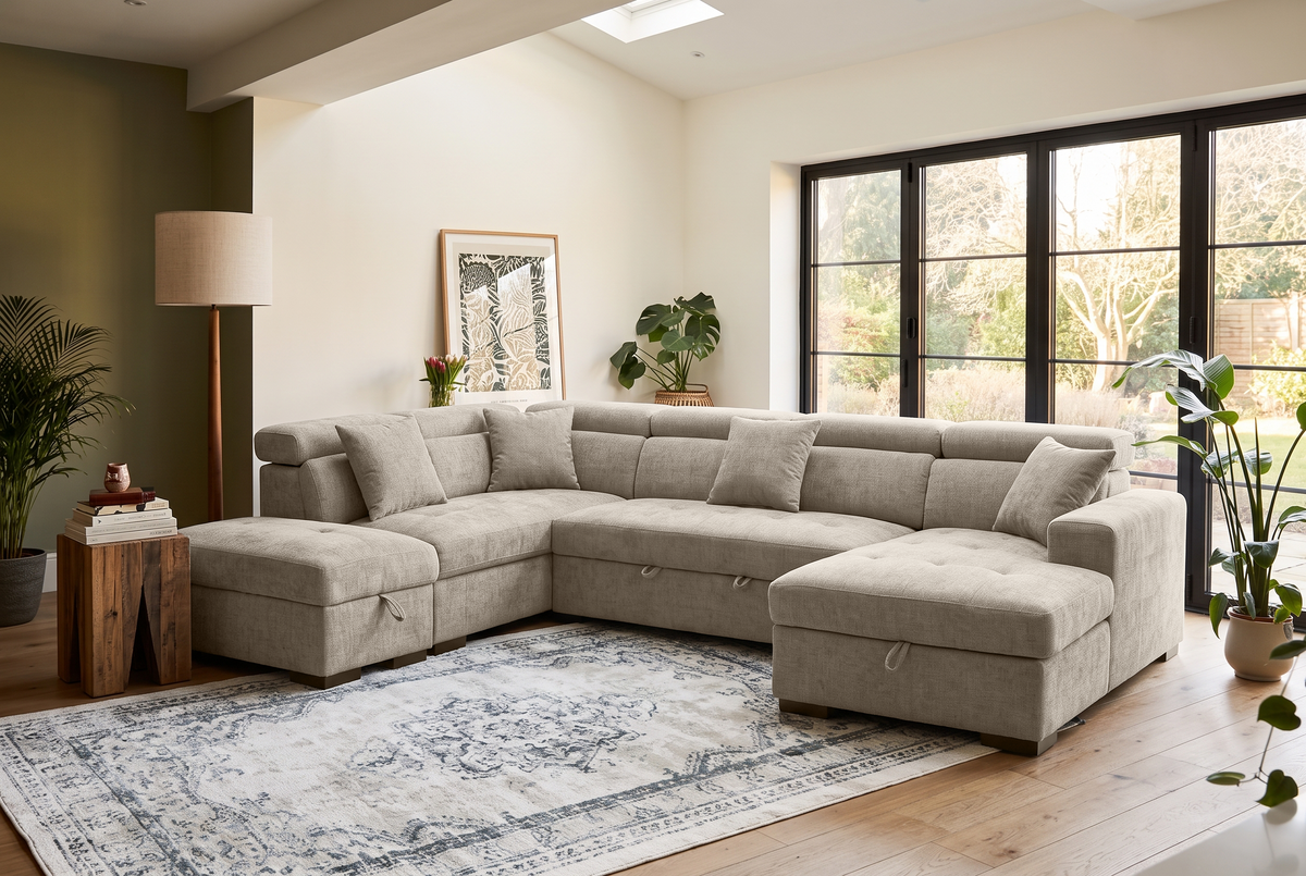 Beige Chenille Fabric Left Hand Facing U-Shaped Sofa Bed with Storage AUGUSTA