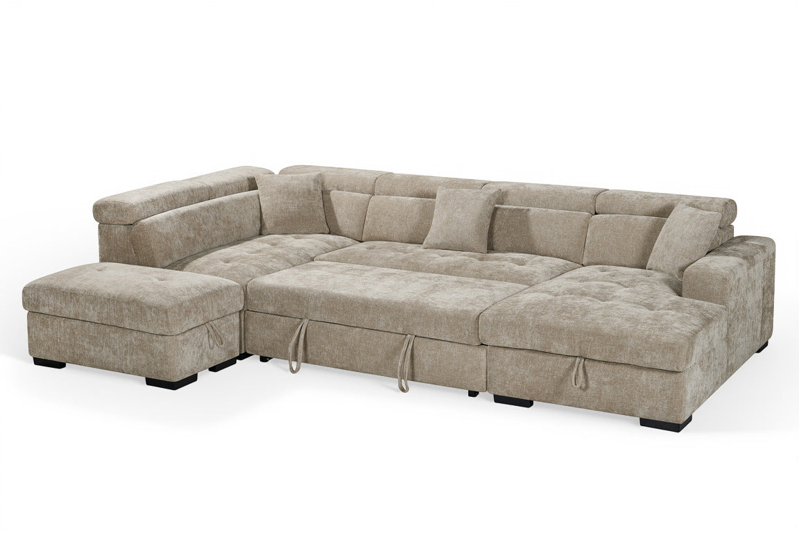 Beige Chenille Fabric Left Hand Facing U-Shaped Sofa Bed with Storage AUGUSTA