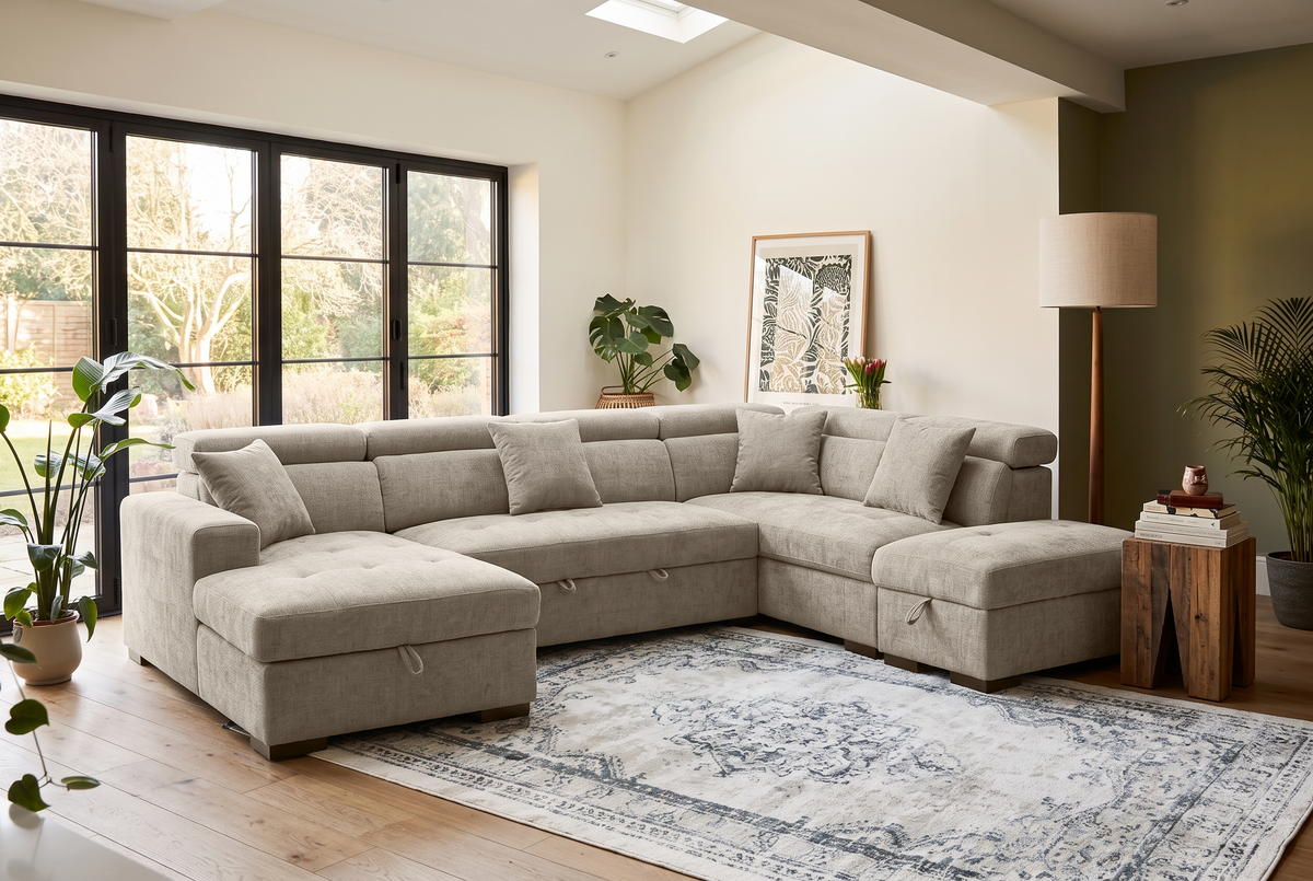 Beige Chenille Fabric Right Hand Facing U-Shaped Sofa Bed with Storage AUGUSTA