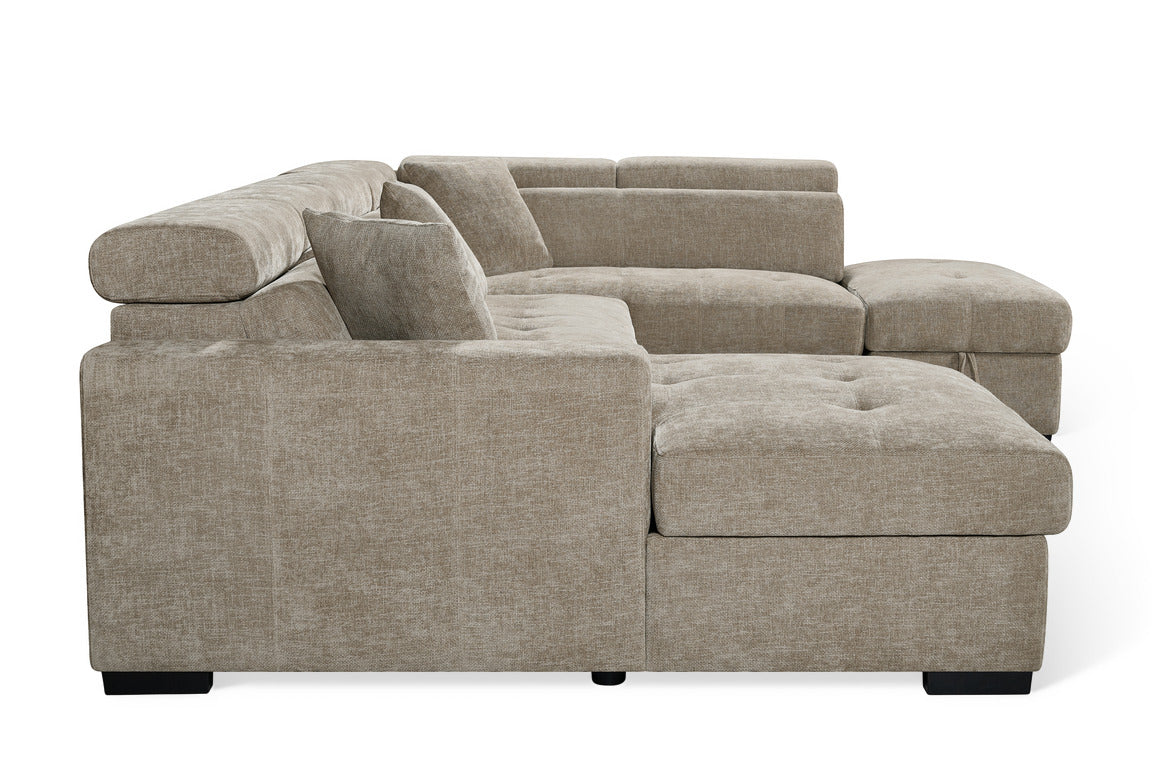 Beige Chenille Fabric Right Hand Facing U-Shaped Sofa Bed with Storage AUGUSTA
