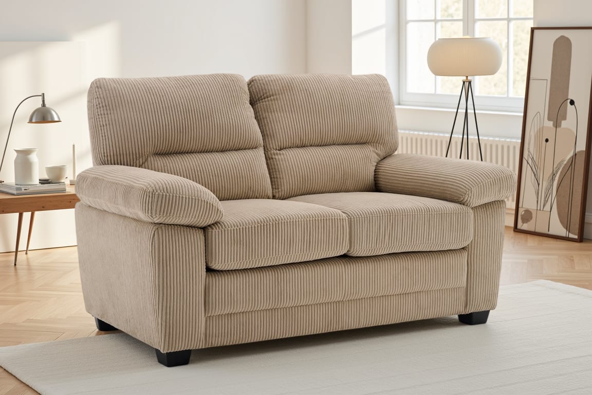 beige jumbo cord 2 seater sofa with deep channels in a living room