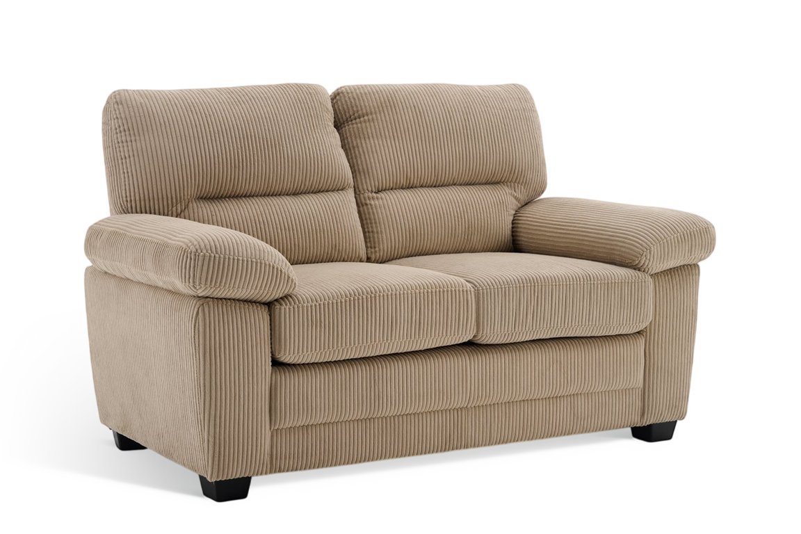 side angle of a beige jumbo cord 2 seater sofa with deep channels