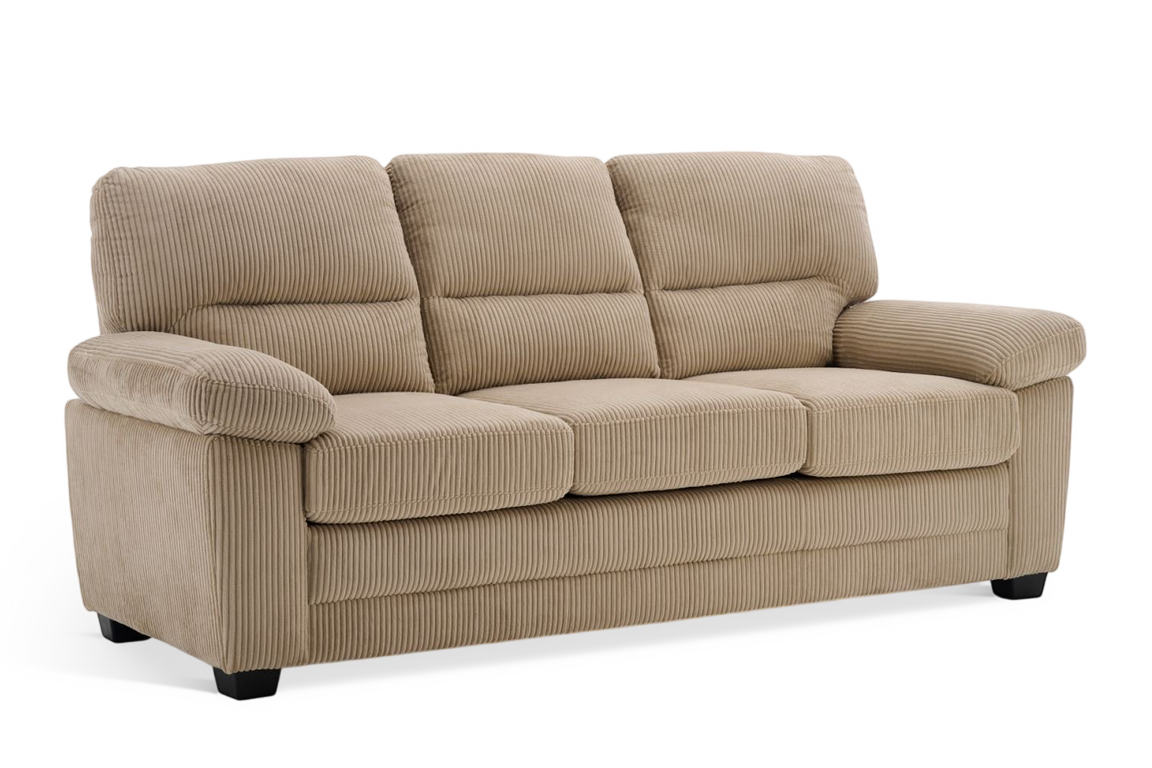 side angle of a beige jumbo cord 3 seater sofa with deep channels