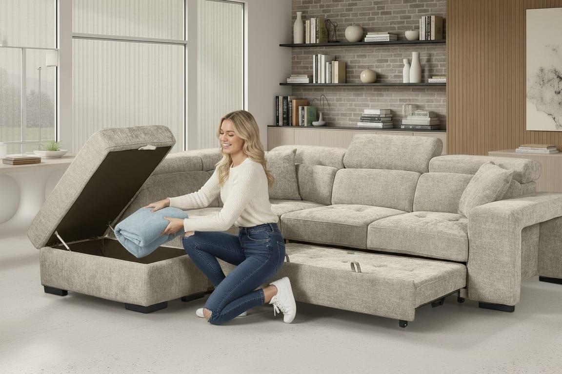 Grey Chenille Fabric 1C2 Corner Sofabed with Storage and Ottomans AMELIA