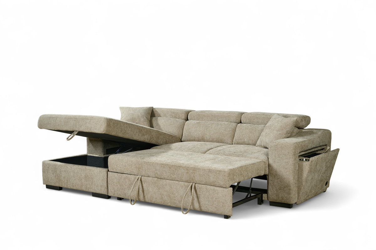 Beige Chenille Fabric 1C2 Corner Sofabed with Storage ARTHUR