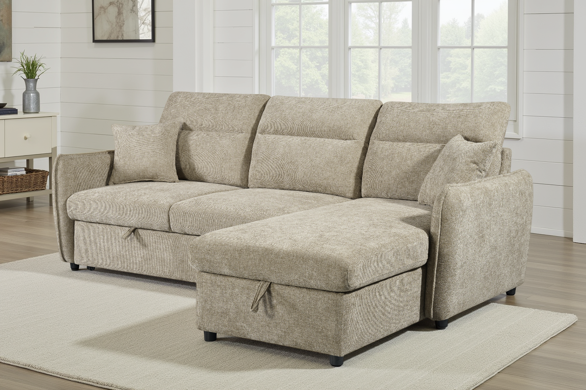 Beige Chenille Fabric 2C1 Corner Sofabed with Storage ARCHIE