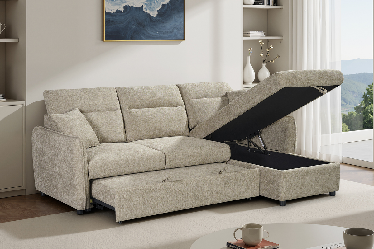 Beige Chenille Fabric 2C1 Corner Sofabed with Storage ARCHIE