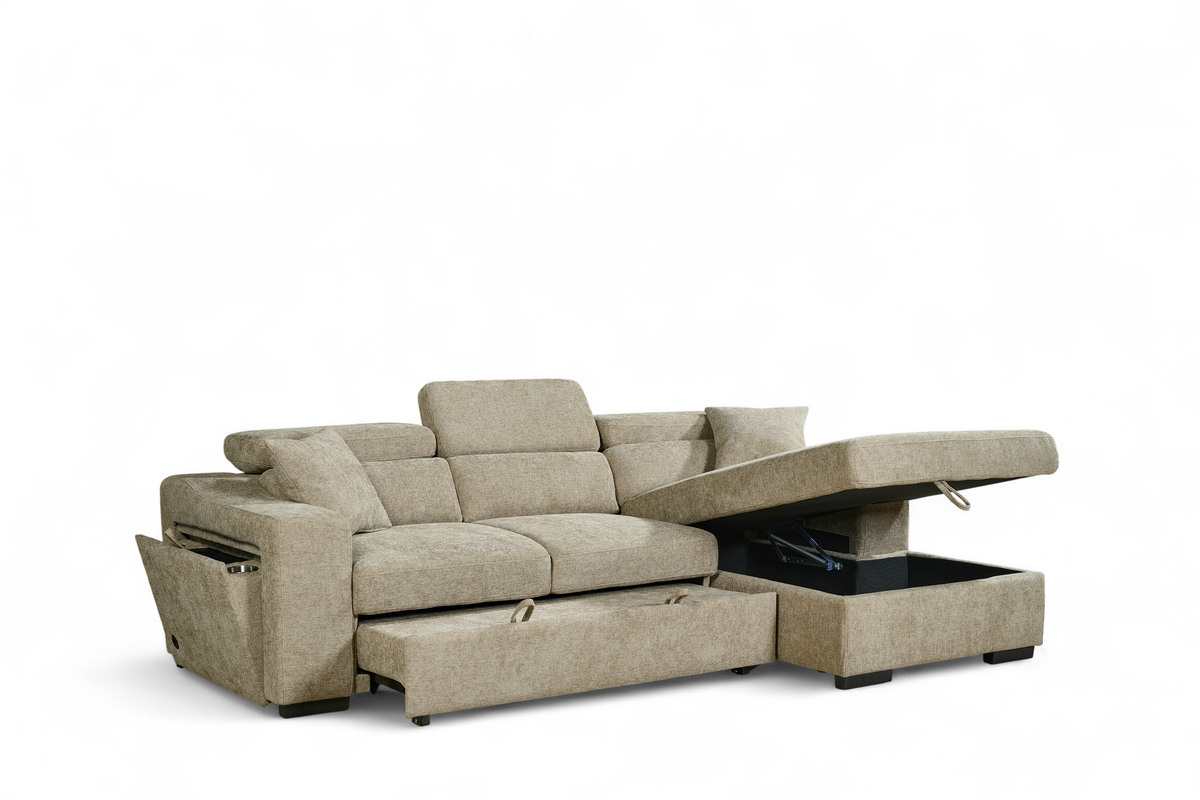 Beige Chenille Fabric 2C1 Corner Sofabed with Storage ARTHUR