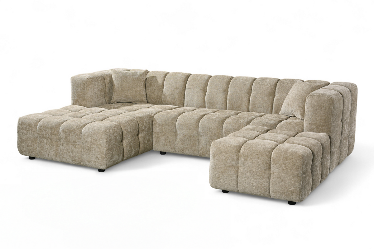 Beige Chenille Fabric Left Hand Facing Corner Sofa with Ottoman LUGANO