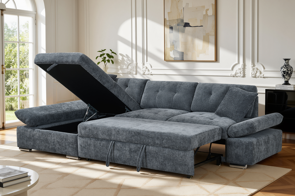 blue chenille corner sofabed with chaise and storage compartment in a living room setting