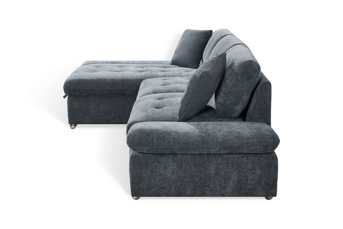 blue chenille corner sofabed with chaise and storage compartment