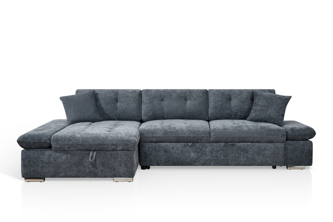 blue chenille corner sofabed with chaise and storage compartment