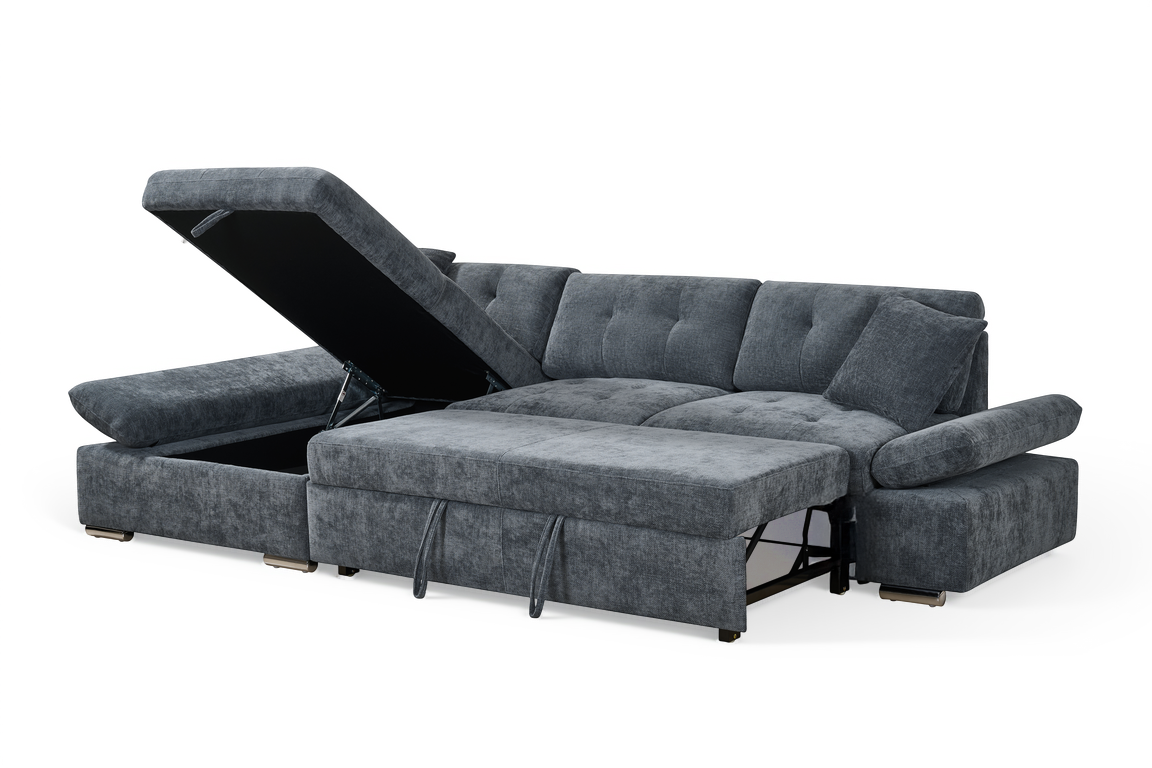 blue chenille corner sofabed with chaise and storage compartment