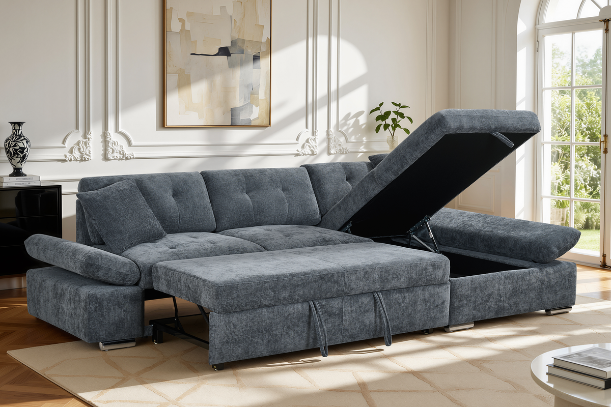 blue chenille corner sofabed with right-hand facing chaise and storage compartment in a living room setting