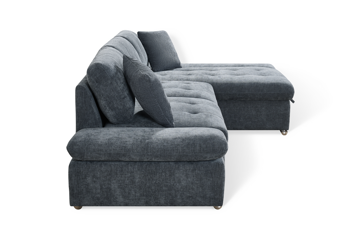 blue chenille corner sofabed with right-hand facing chaise and storage compartment