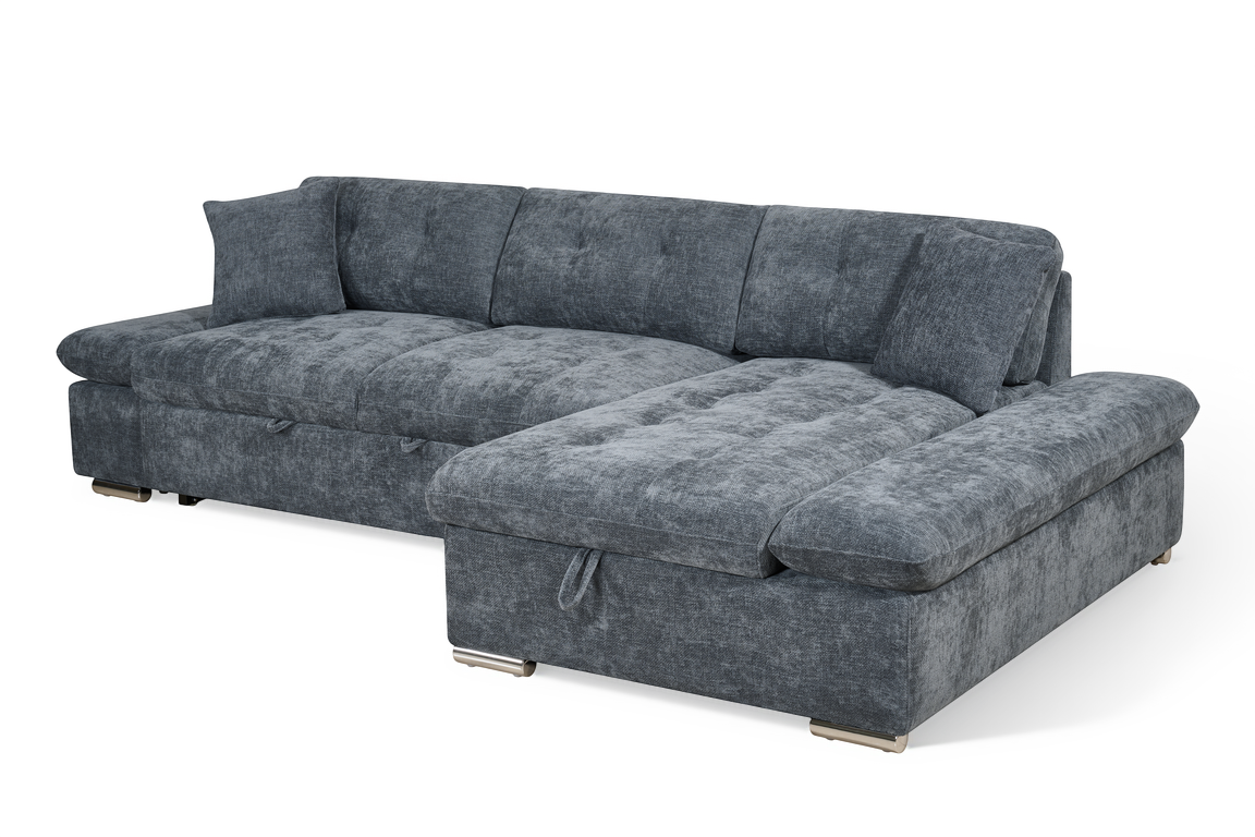 blue chenille corner sofabed with right-hand facing chaise and storage compartment