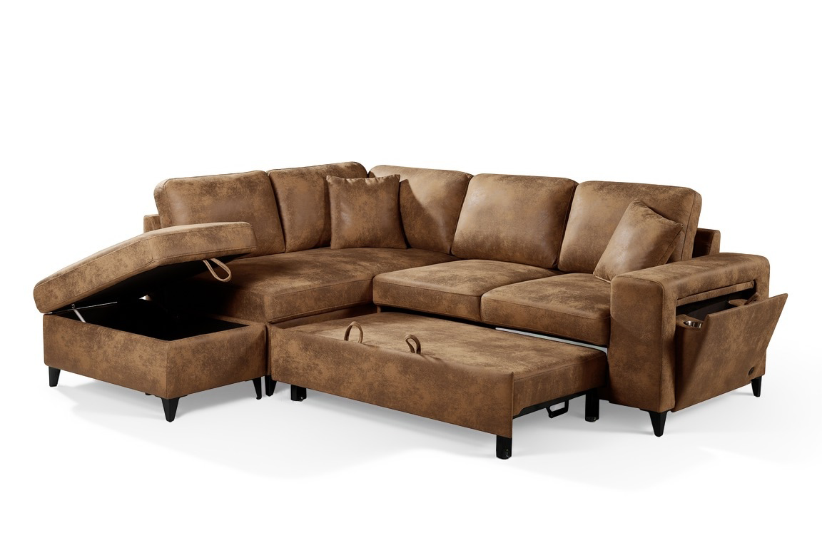 Faux Leather Suede Brown 1C2 Corner Sofabed with Storage JAMIE