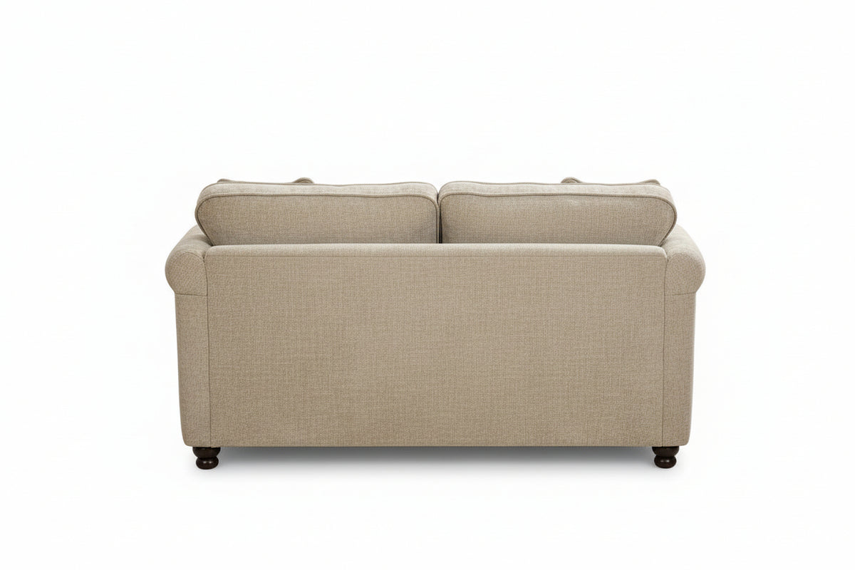 Beige chenille 2 seater sofa with accent cushions and wooden legs on a white background