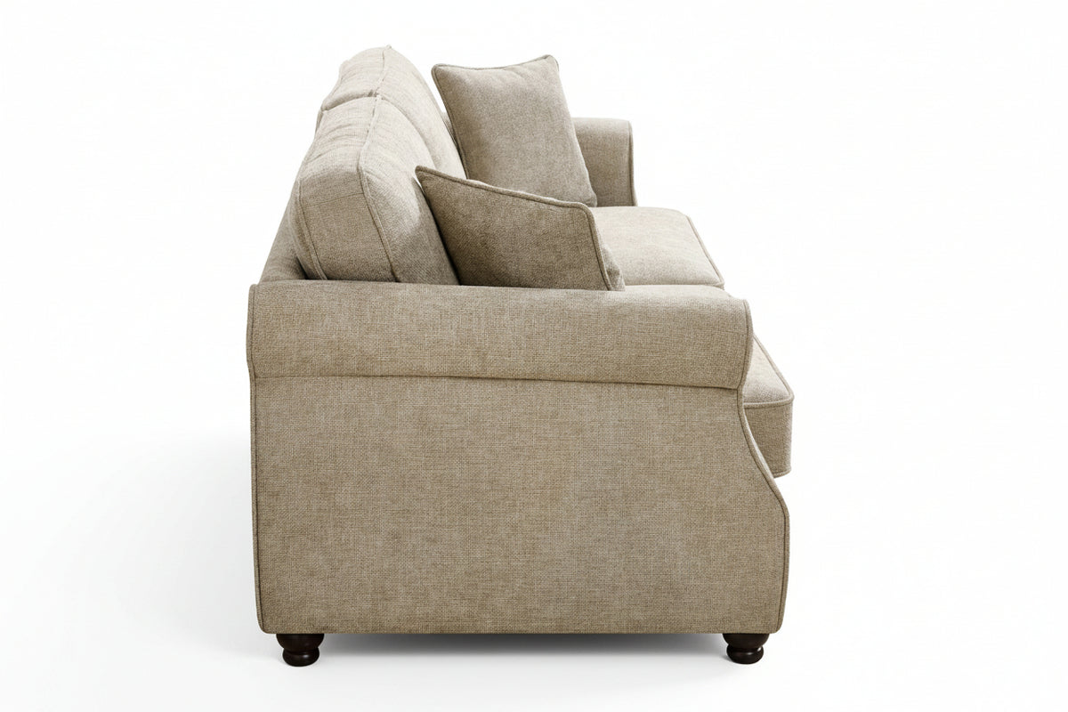 Beige chenille 2 seater sofa with accent cushions and wooden legs on a white background