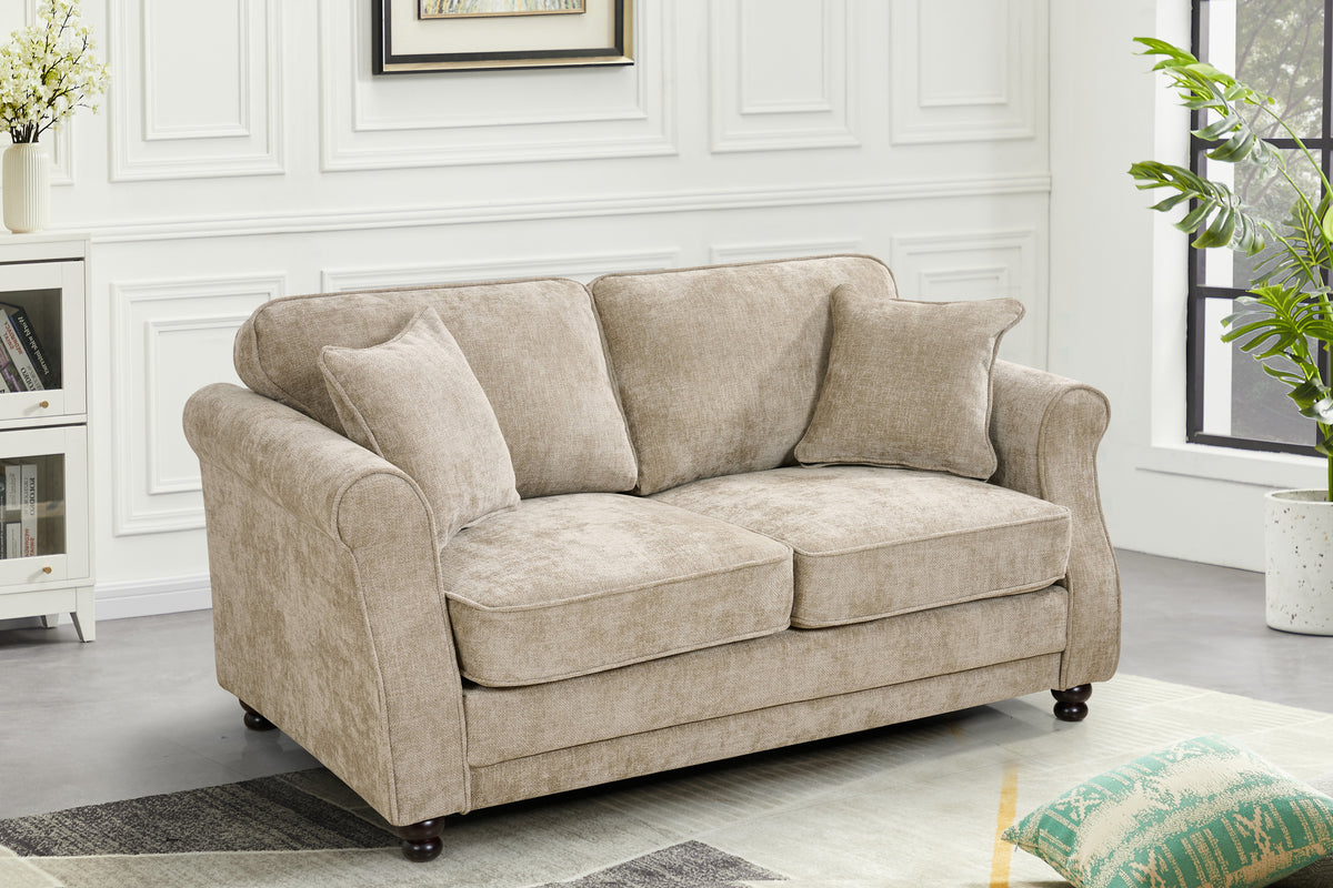 Beige chenille 2 seater sofa with accent cushions and wooden legs in a living room