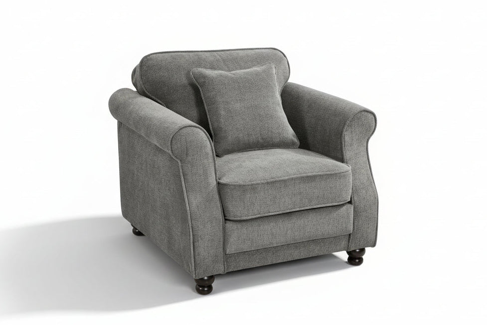 Dark grey chenille 1 seater sofa with an accent cushion and wooden legs on a white background