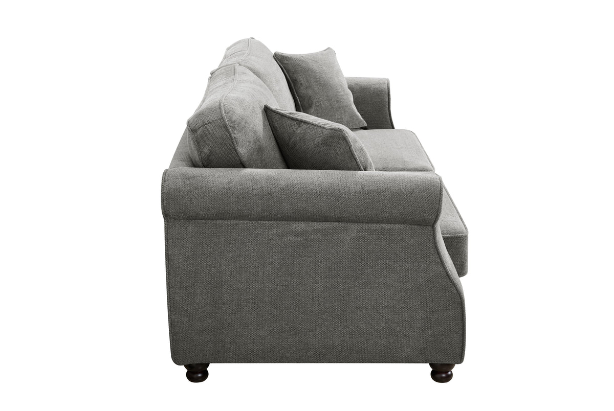 Dark grey chenille 2 seater sofa with accent cushions and wooden legs on a white background