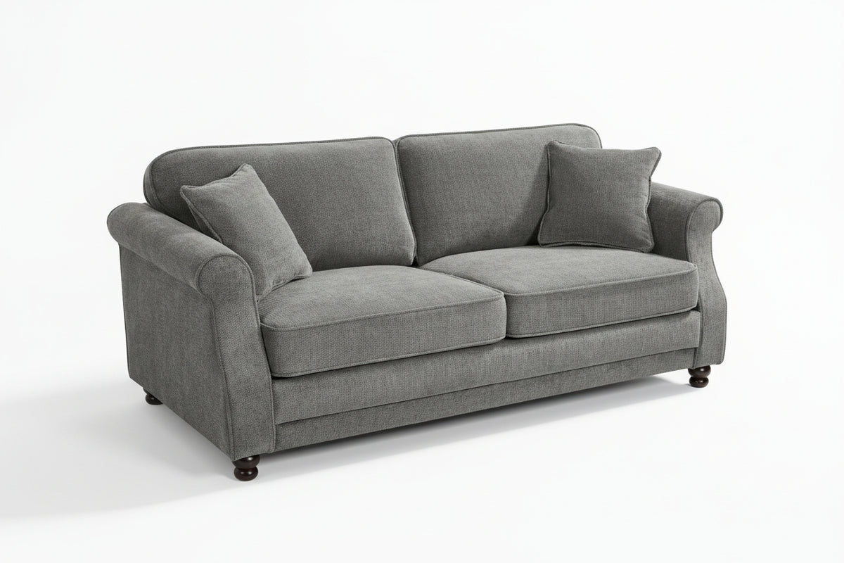 Dark grey chenille 3 seater sofa with accent cushions and wooden legs on a white background