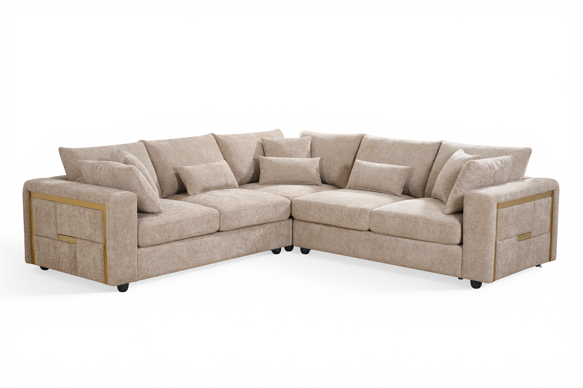 Chenille Fabric Beige 2C2 Corner Sofa with Gold Accents GEORGE