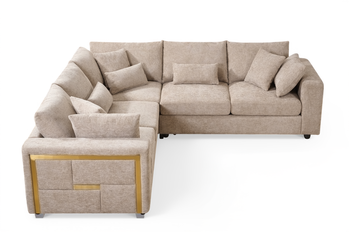 Chenille Fabric Beige 2C2 Corner Sofa with Gold Accents GEORGE