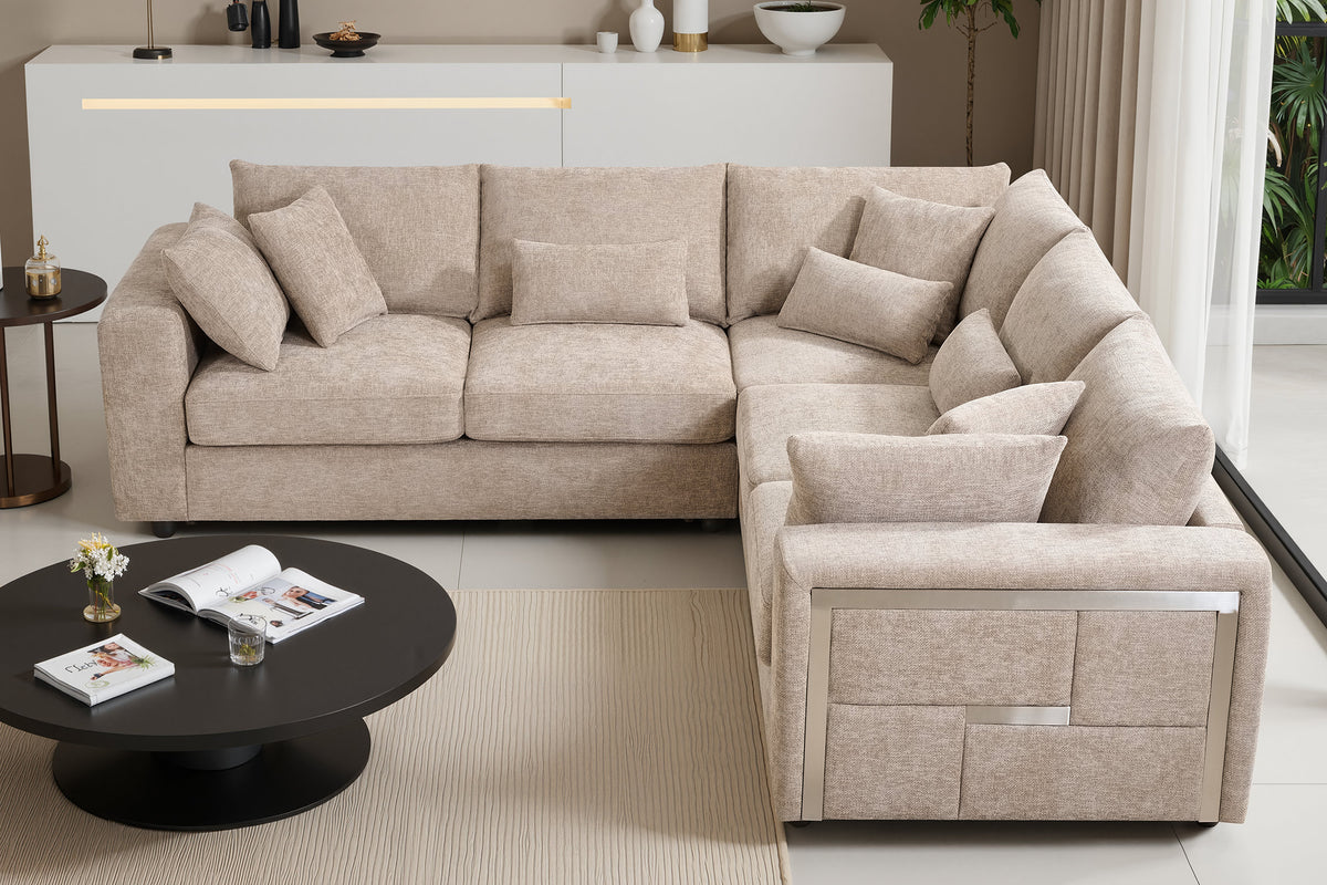 beige corner sofa in chenille fabric upholstery in a living room